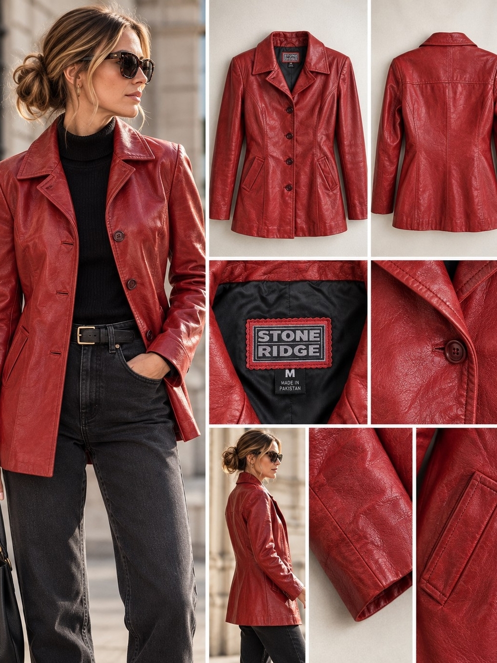 Vintage 90s Stone Ridge Red Genuine Leather Long Blazer Jacket